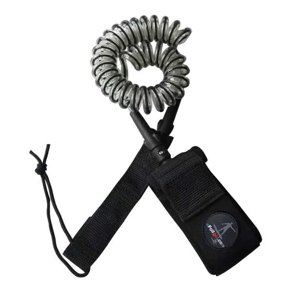 Clear coiled leg board leash by eFoilgc for surf and foil boards