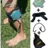 eFoilgc rider wearing the eFoilSolutions retractable hydrofoil leg leash with all kit components shown, including cuff, shock cord, and leash unit.