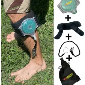 eFoilgc rider wearing the eFoilSolutions retractable hydrofoil leg leash with all kit components shown, including cuff, shock cord, and leash unit.