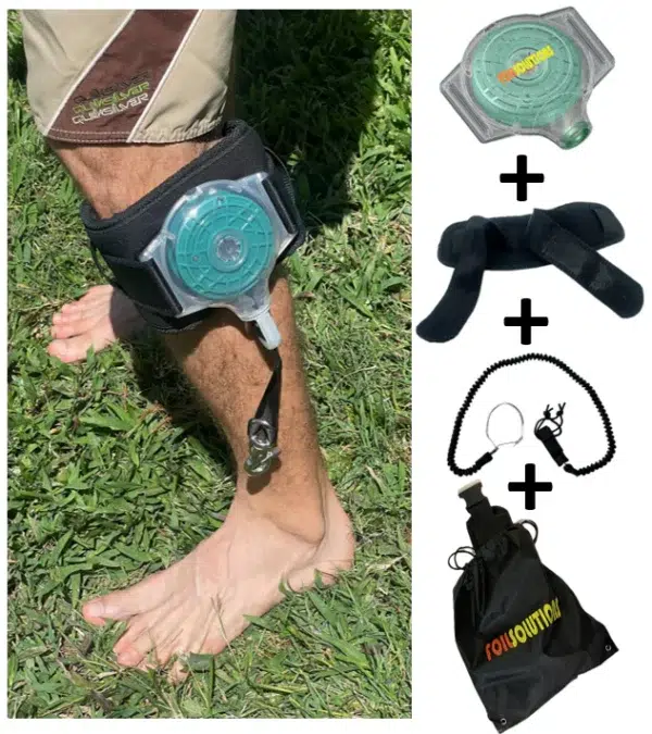 eFoilgc rider wearing the eFoilSolutions retractable hydrofoil leg leash with all kit components shown, including cuff, shock cord, and leash unit.